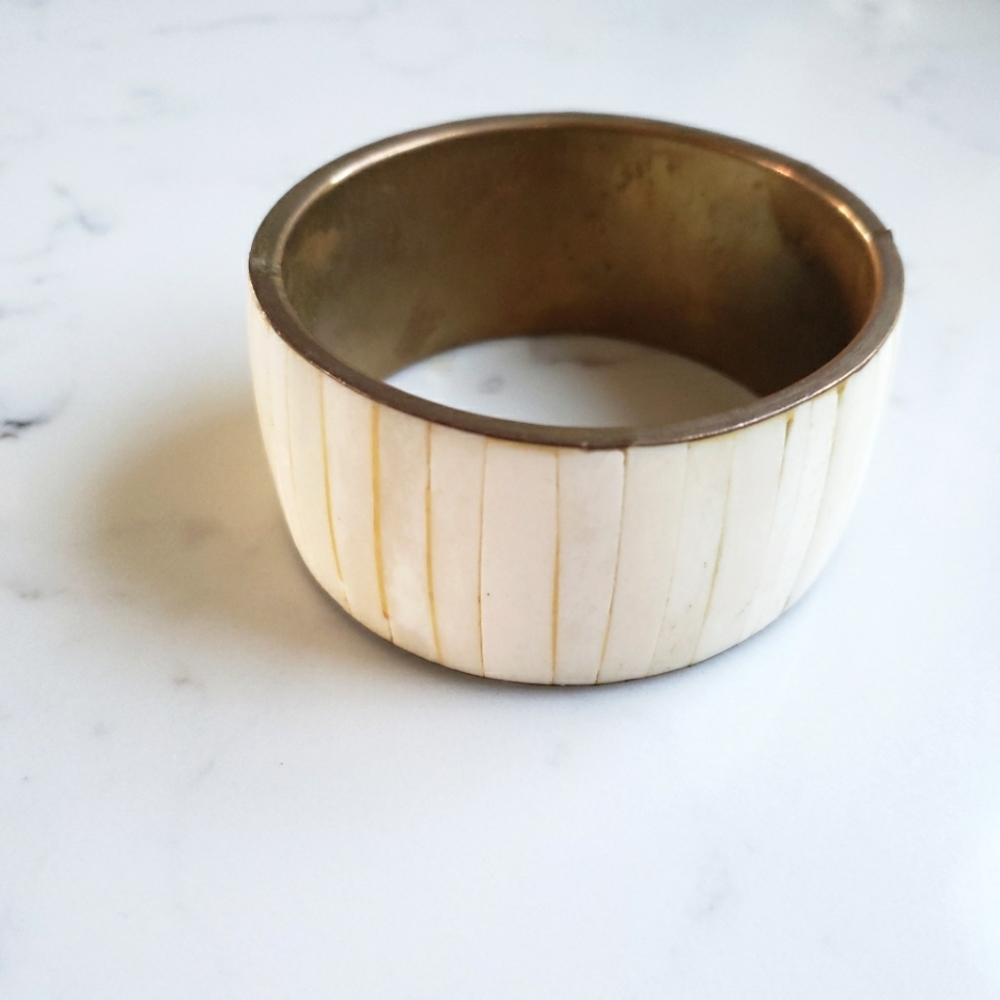 Vintage boho brass and mother of pearl inlay wide bangle bracelet